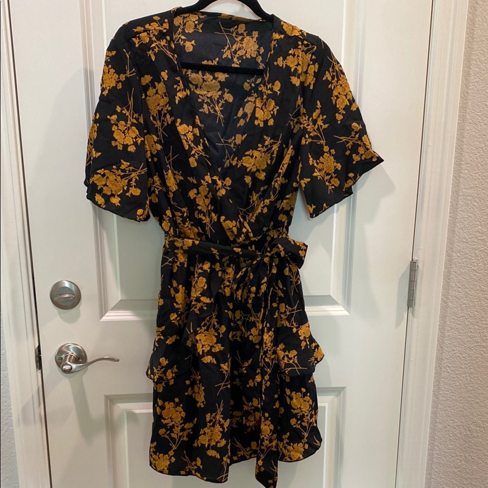 Floral Wrap Dress in Black and Gold